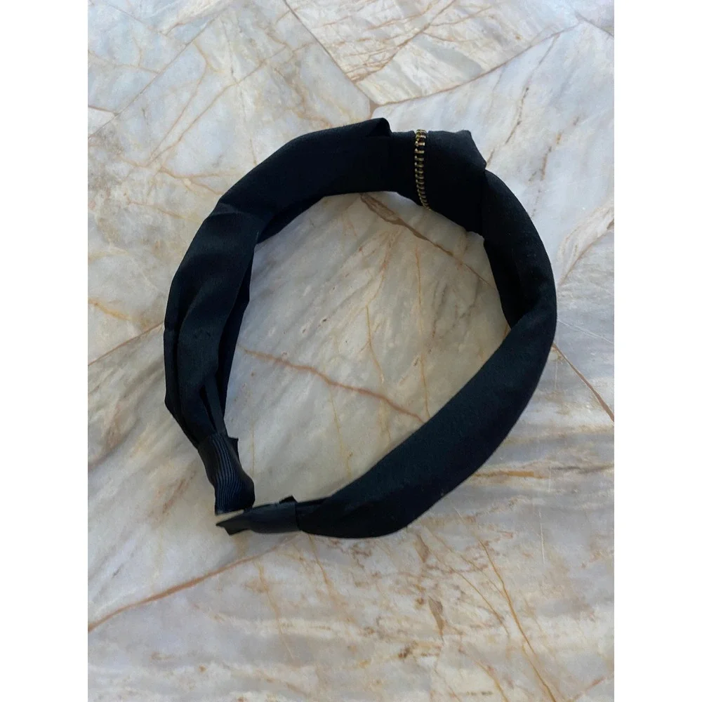 Black Knotted Headband Gold Zipper Trim Edgy Turban Style Hair Accessory